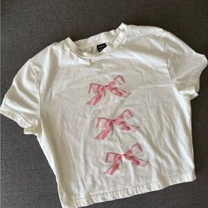 SHEIN White Pink Bow Print Crop Tee Women’s Size S